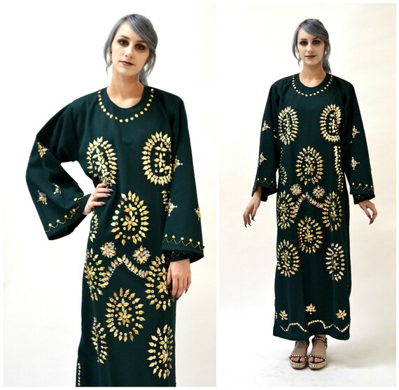 70s Vintage Metallic Boho Dress Caftan Maxi Dress