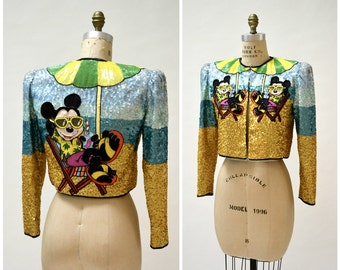 Vintage Jeanette Kastenberg Sequin Jacket with Mickey Mouse Disney Beaded Embroidered Bolero Jacket Size Small J27