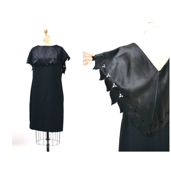 90s Vintage Black Crepe Dress with Embroidered Ey… - image 1