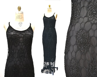 90s 00s Y2k Vintage Black Crochet Dress Black Beaded Knit Long