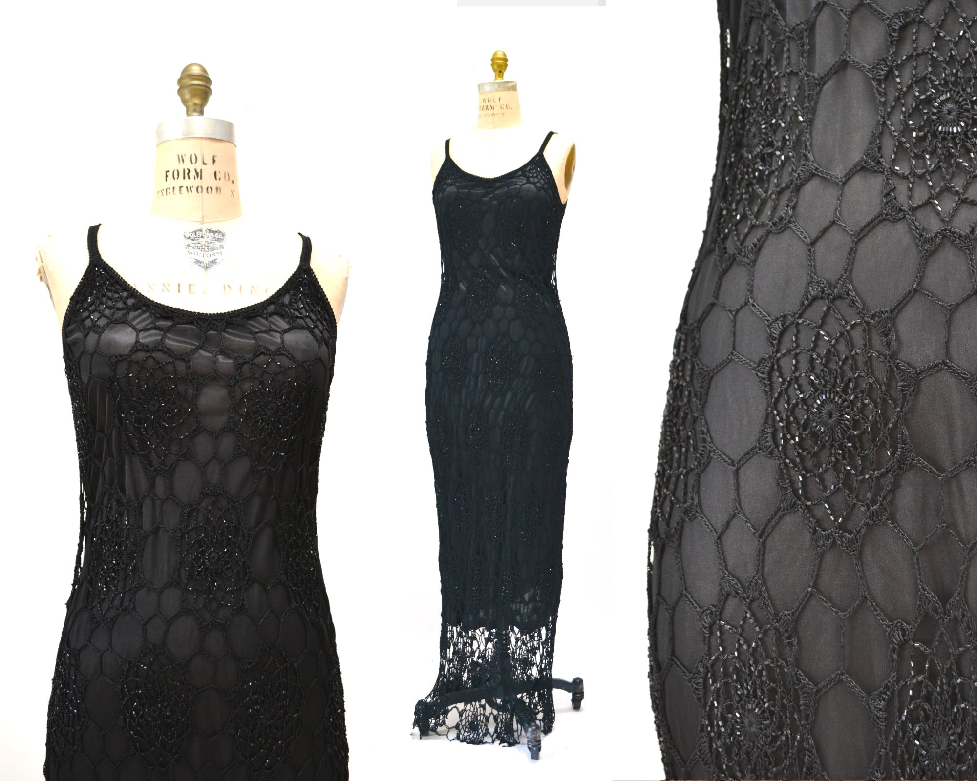 90s 00s Y2k Vintage Black Crochet Dress Black Beaded Knit Long