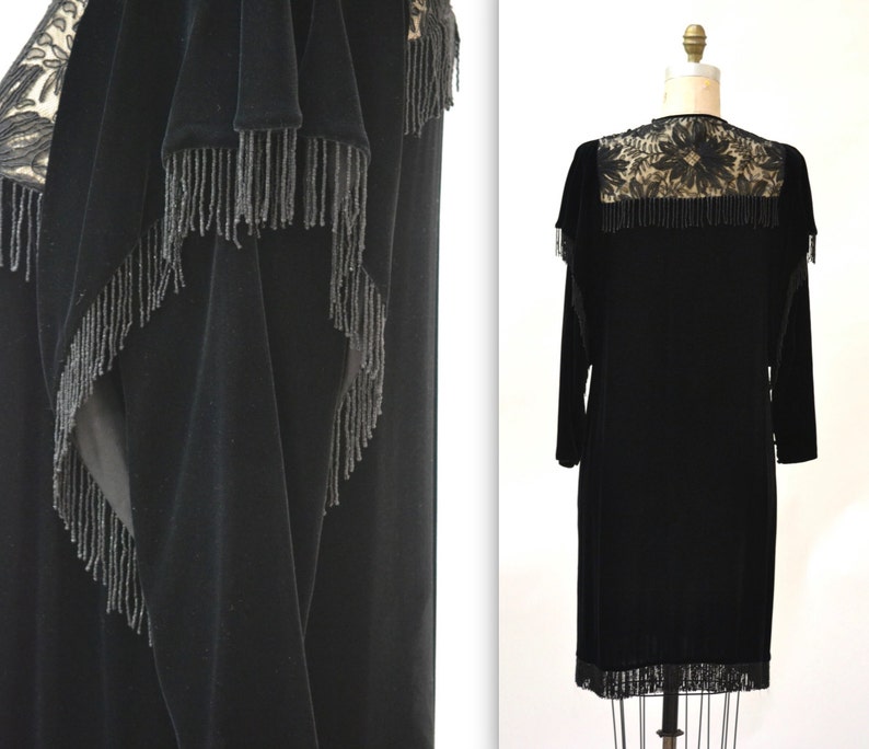 Vintage Black Velvet Dress Flapper Inspired Dress Size Medium Silk// Vintage 80s does 20s Black Beaded Fringe Velvet Dress image 4