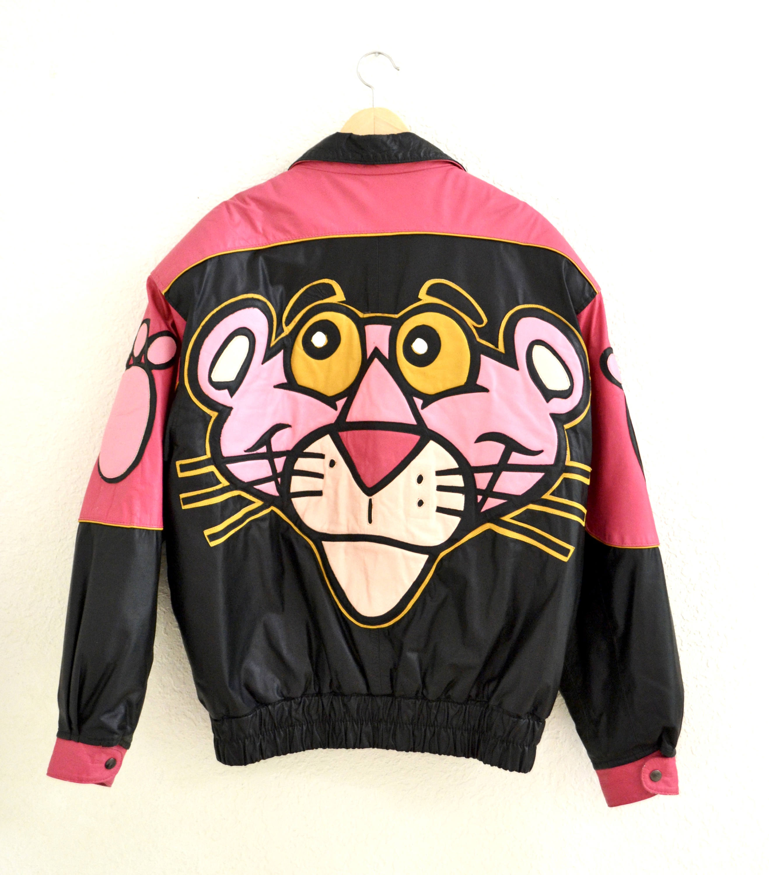 Vintage Black Leather Jacket With Pink Panther Jacket Pink