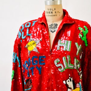 80s Vintage Red Sequin Jacket Horses Cowboys Native American Jacket Modi XL Plus Size Sequin Jacket// Vintage Sequin Jacket Rodeo Western image 10