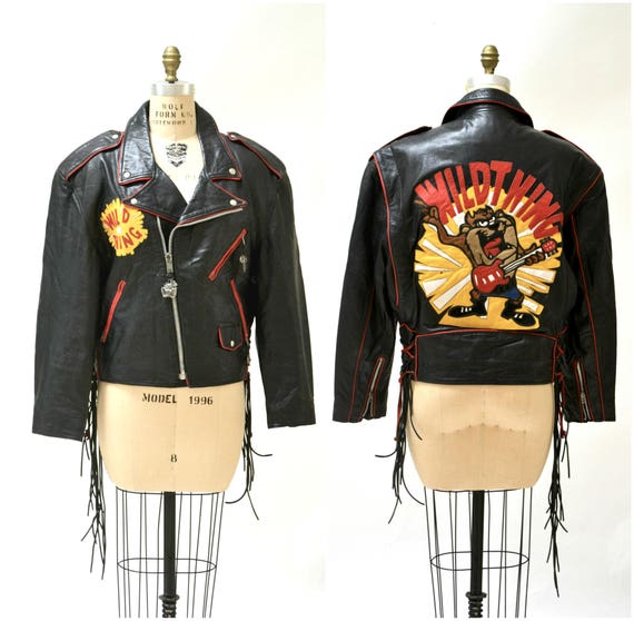 90s Vintage Black Leather Motorcycle Biker Jacket Tasmanian Devil