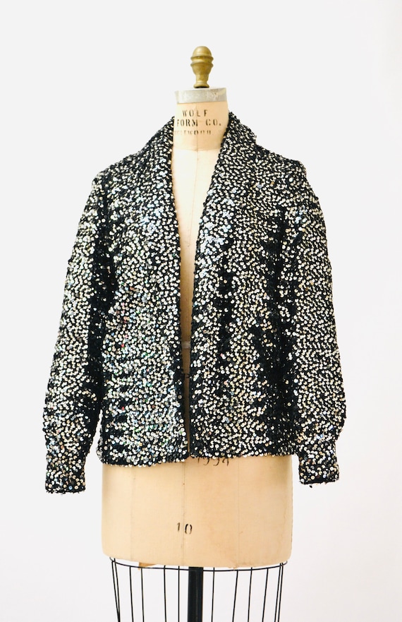 70s 80s Vintage Metallic Silver and Black Sequin Jacket Size