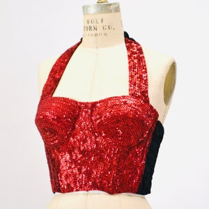 80s 90s Vintage Red Sequin Bustier Crop Top Halter top Size Medium Sequin Red Halter Top Disco Dance 80s 90s Sequin Showgirl Halter TOp image 3