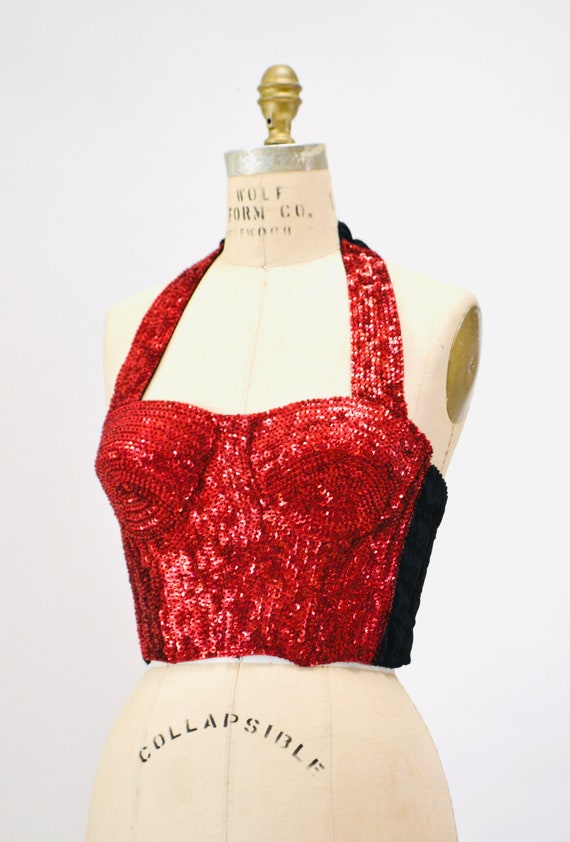 80s 90s Vintage Red Sequin Bustier Crop Top Halte… - image 3