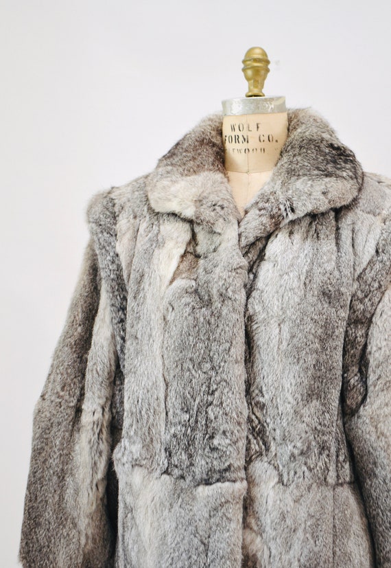 70s 80s Glam Vintage Rabbit Fur Coat Grey Gray Si… - image 5