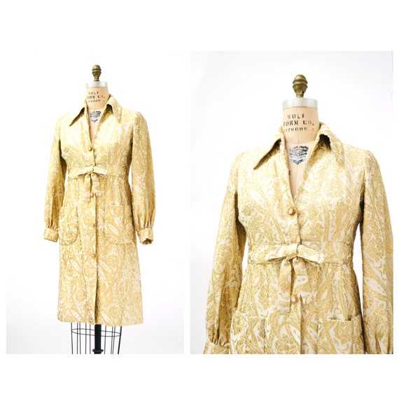 60s 70s Vintage Gold Brocade Cocktail Dress Rhine… - image 1