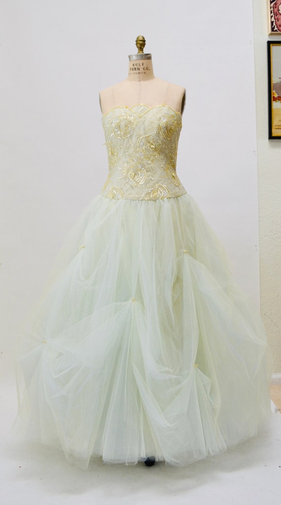 2000s y2k Vintage Strapless Ball Gown Dress Champagne Gem