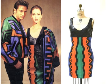 Vestido de cuero vintage Negro Mediano Grande Pop Art tribal por Michael Hoban North Beach / / 90s Vestido de cuero vintage mediano Gran Patchwork