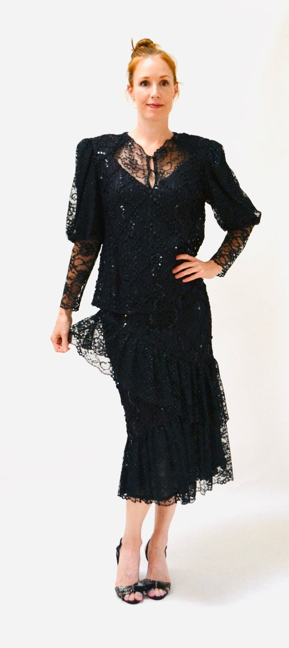 Vintage 80s Party black Dress Sequin Lace Dress S… - image 3