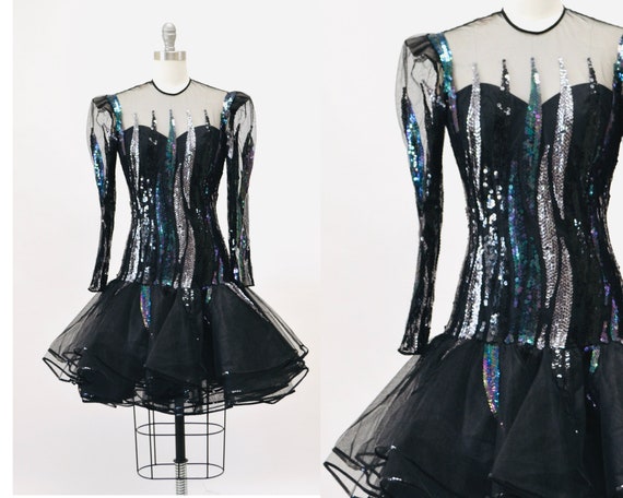 Vintage 80s 90s Black Sheer Sequin Dress XS Small… - image 2