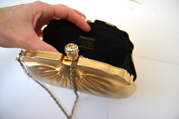 90s Vintage Metallic Gold Metal Clutch Evening Ba… - image 9