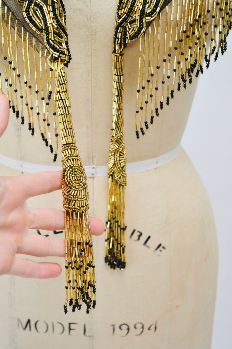 Vintage Gold Beaded Fringe Shawl Wrap Burlesque Wedding Flapper Gold Metallic Beaded Vintage Fringe Collar Shawl Gold Black Wrap Sharmark image 4