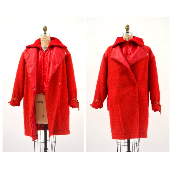 80s 90s Vintage Red Jacket Coat Wool Mohair Jacket Puffer Vest 