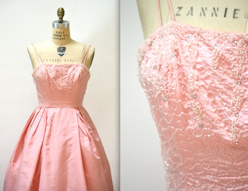 1950s Vintage Prom Dress Size Small Medium Pink// 1950s Vintage Bridesmaid Wedding Dress Evening Gown Beaded in Pink Size Small Medium image 4