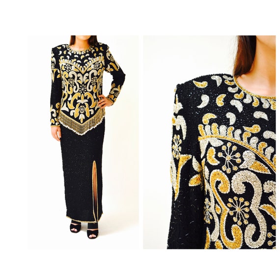 80s 90s Vintage Black Metallic Beaded Dress Eveni… - image 7