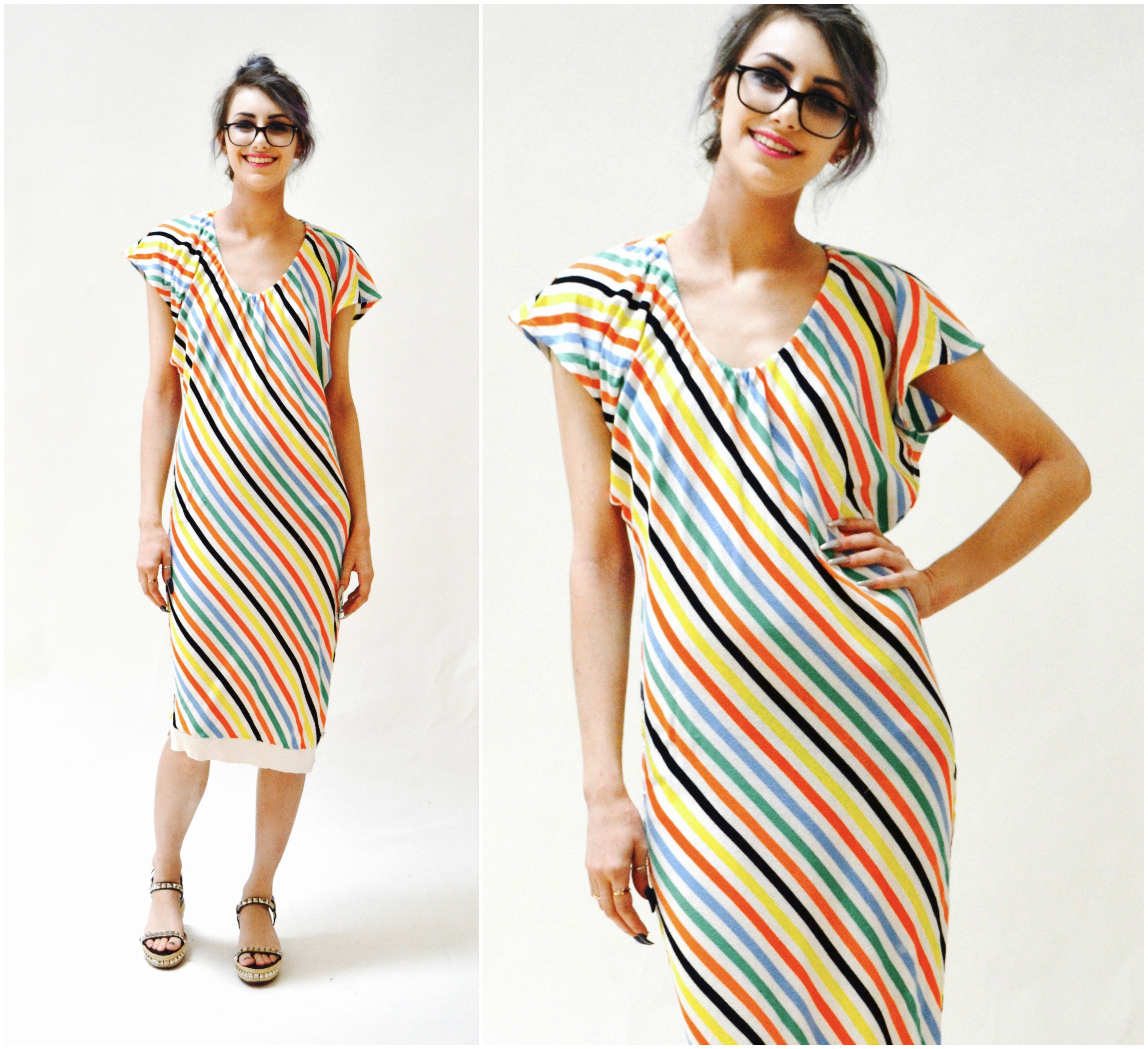 80S 90S Vintage Sonya Rykiel Rainbow Knit Dress Size Small Medium White Striped Red Orange Knit By Rykiel Gay Pride
