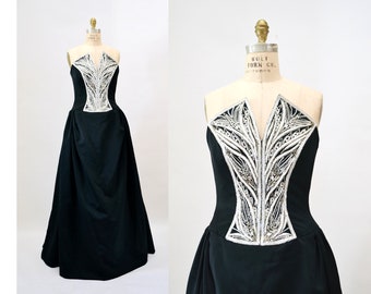 Vintage Bob Mackie Black Evening Ball Gown Small Medium Black Beaded Strapless Evening Gown Dress 90s 00s Dress Beaded Strapless Ball Gown