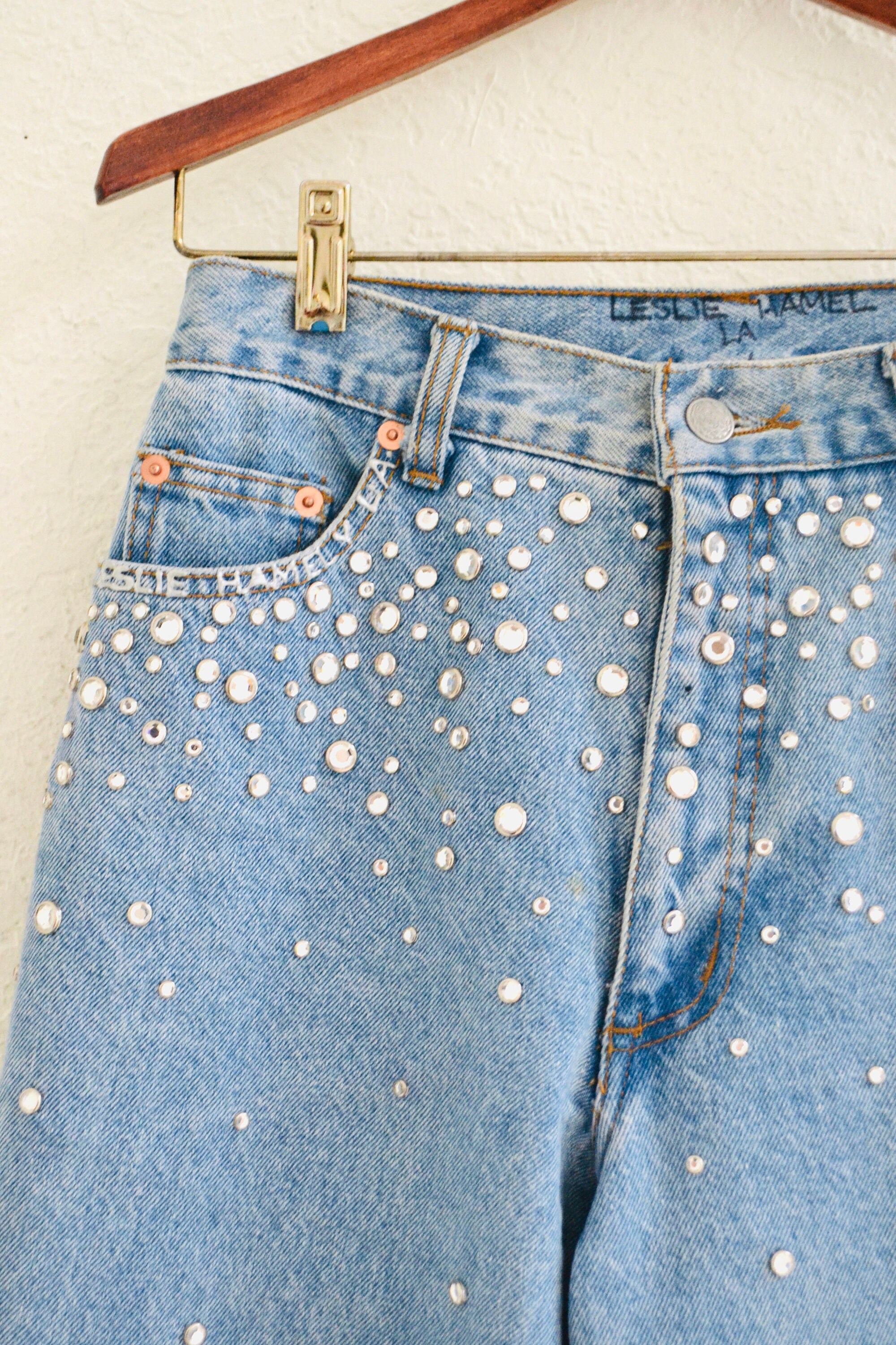 80s 90s Vintage Rhinestone Studded Jeans Pants Leslie Hamel High 