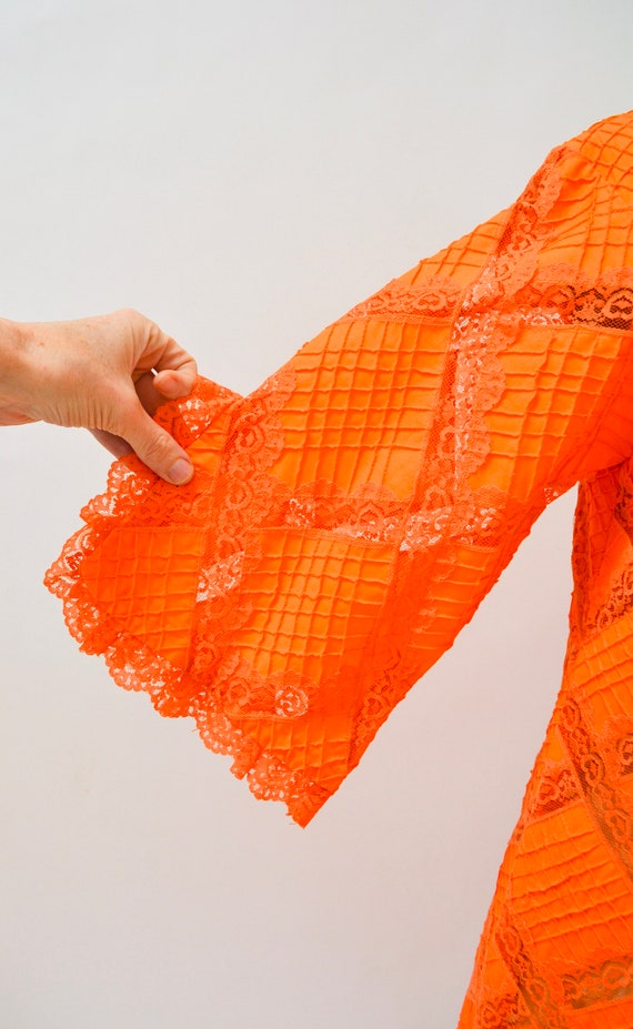 70s Vintage Orange Dress Lace Patchwork House Dre… - image 8