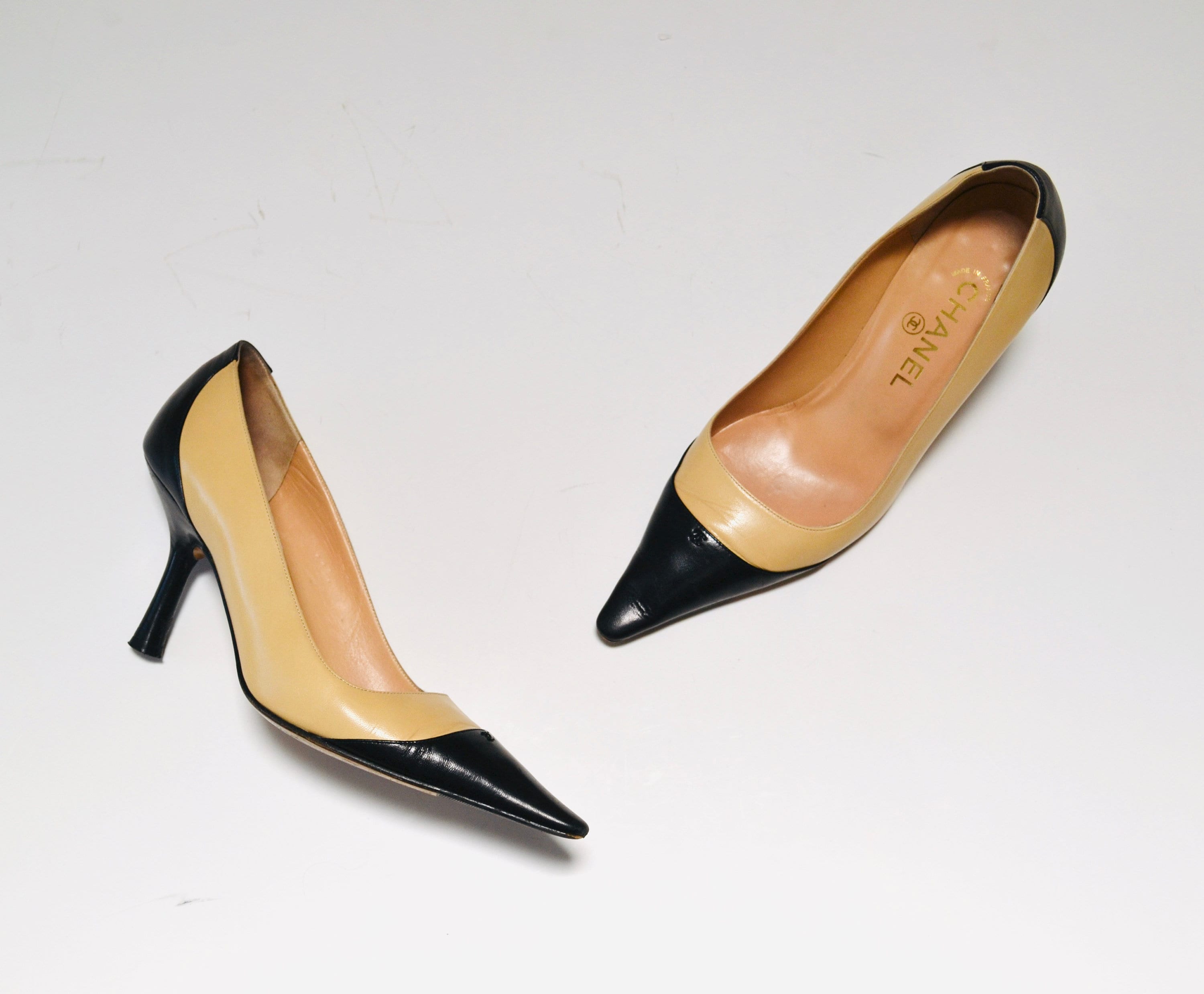 Vintage Chanel Leather Pumps Black Tan Chanel High Heels Pumps 