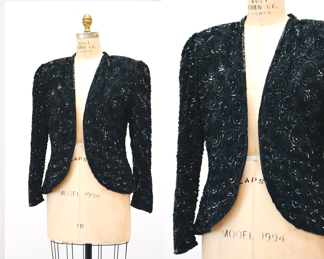 Vintage 80s Sequin Blazer Jacket Black Purple 8 10 12