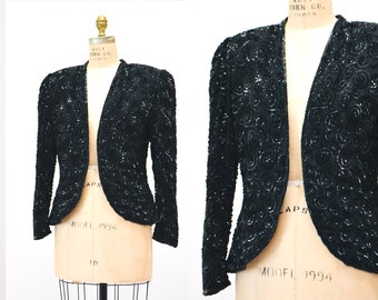 80s 90s Vintage Black Sequin Jacket Medium By Cache// Black Silk Sequin party Cocktail Evening Jacket Size Medium