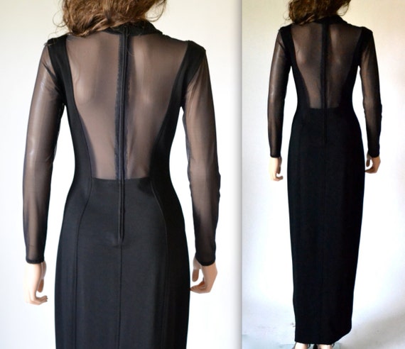 90s Vintage Black Prom Dress Illusion Dress Size … - image 3