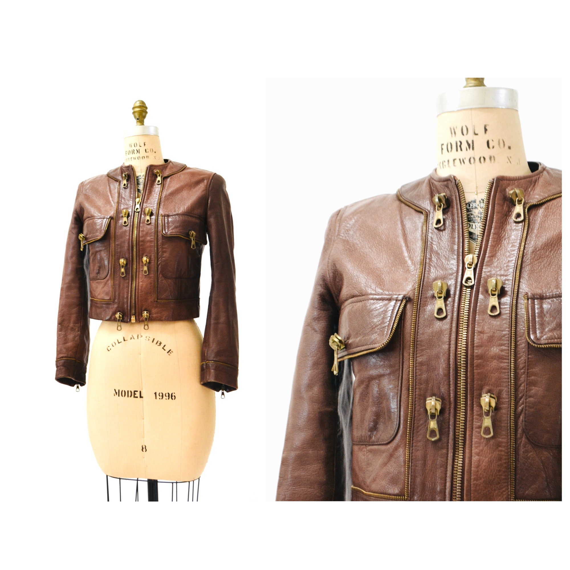 80s 90s Vintage Moschino Brown Leather Jacket With Zipper Trim - Etsy