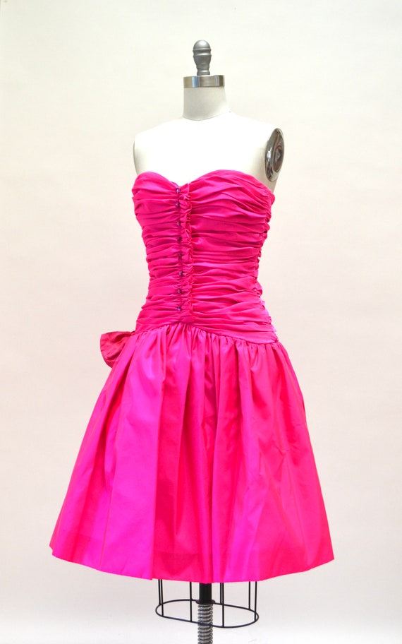 Vintage 80s Strapless Bright Pink Party Prom Dres… - image 2