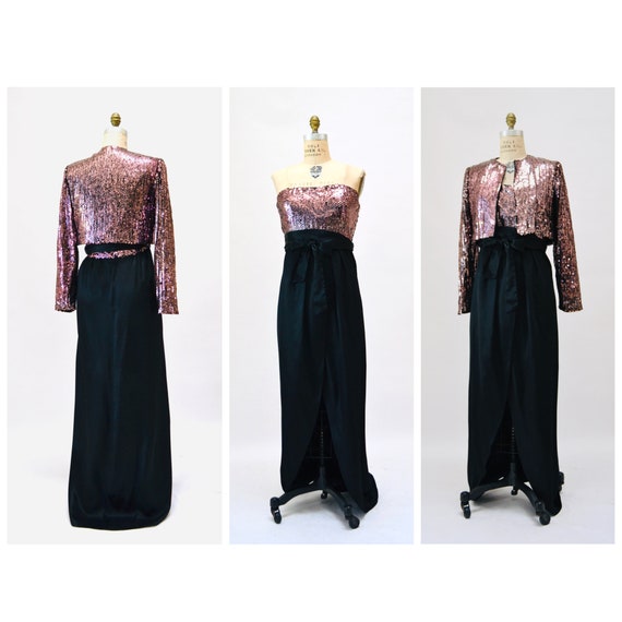 70s Vintage Pink Black Sequin Gown Dress Sequin J… - image 3