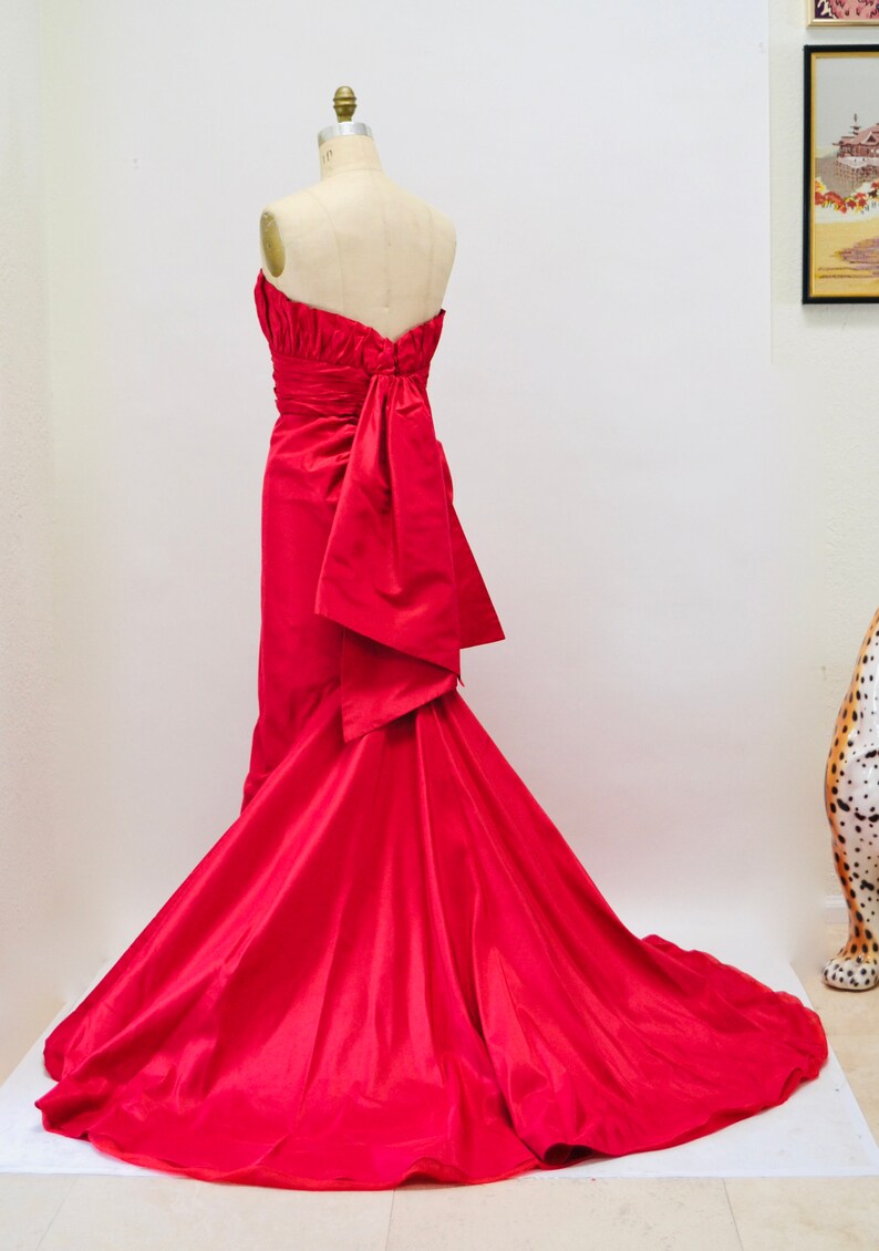 90s 2000s Vintage Strapless Red Silk Gown Dress Evening Ball Gown Small Medium Melinda Eng Strapless Gown Dress Long Red Train Dress image 4