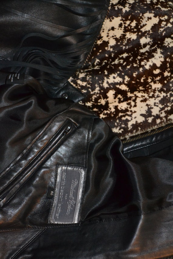 Vintage Black Leather Jacket Fringe Michael Hoban… - image 5