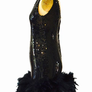 80s Vintage Black Sequin Feather Dress Small // Vintage Party Flapper Black sequin Dress Feather Boa Showgirl Dress Small Dana Deatherage image 7