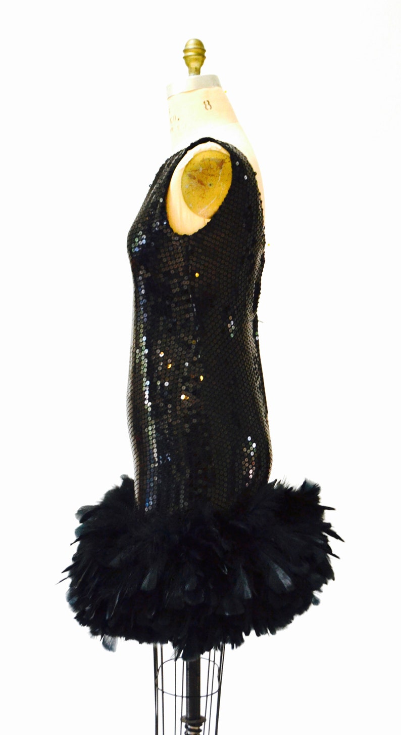 80s Vintage Black Sequin Feather Dress Small // Vintage Party Flapper Black sequin Dress Feather Boa Showgirl Dress Small Dana Deatherage image 7