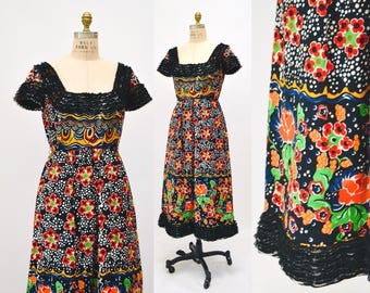 Vintage 70s Geoffrey Beene Dress Floral Print Woven Dress Lillie Rubin 1970s Designer Floral Printed Dress Short Sleeve Dress Small Medium