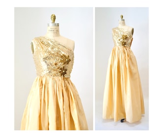 Gold Metallic 80's Prom Dress Size Small by Alyce Designs// Vintage Gold Metallic Sequin Pageant Party Gown Size Small