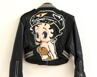 Vintage Black Leather Motorcycle Jacket Betty Boop Studded