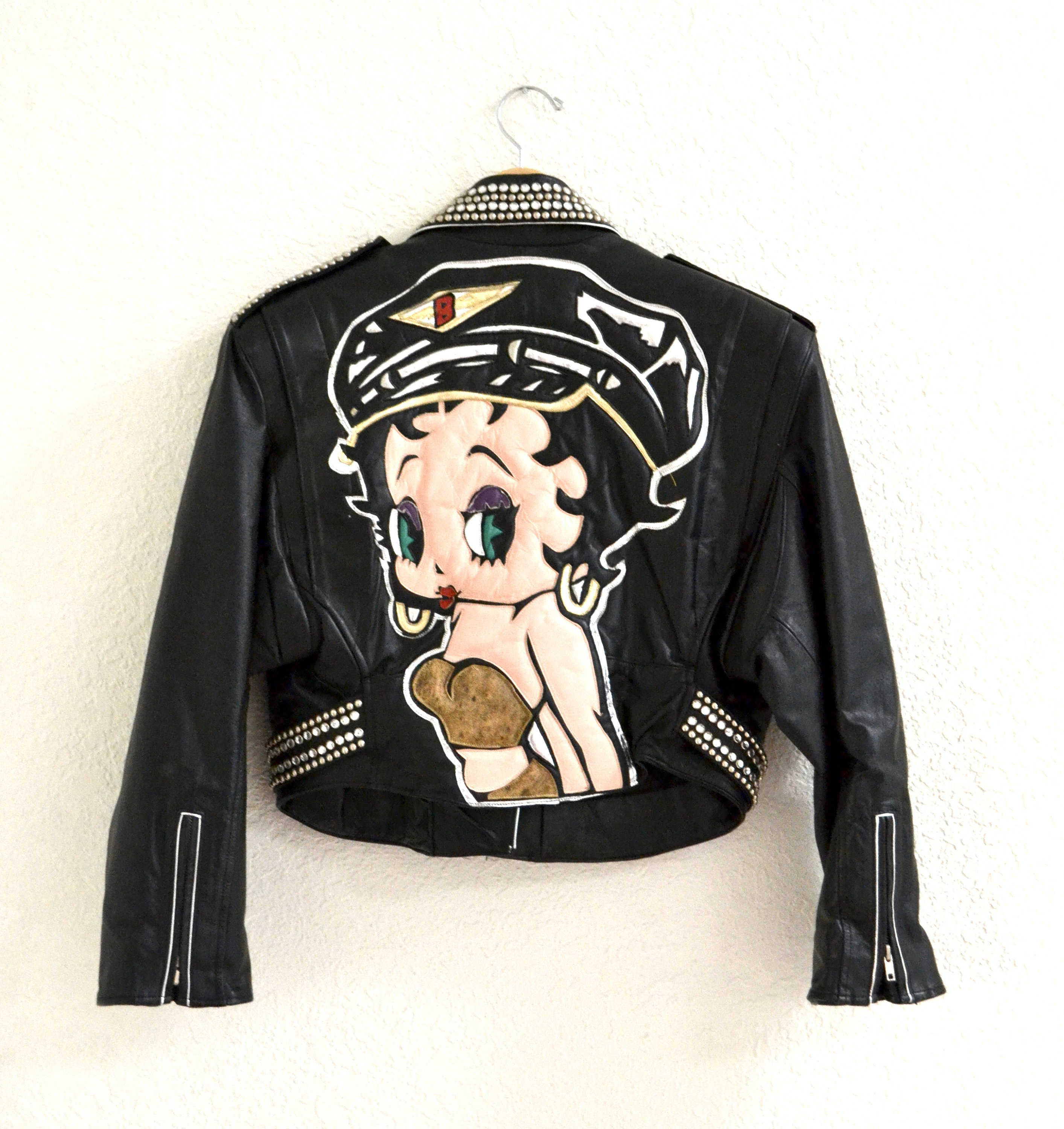 Vintage Black Leather Motorcycle Jacket Betty Boop Studded