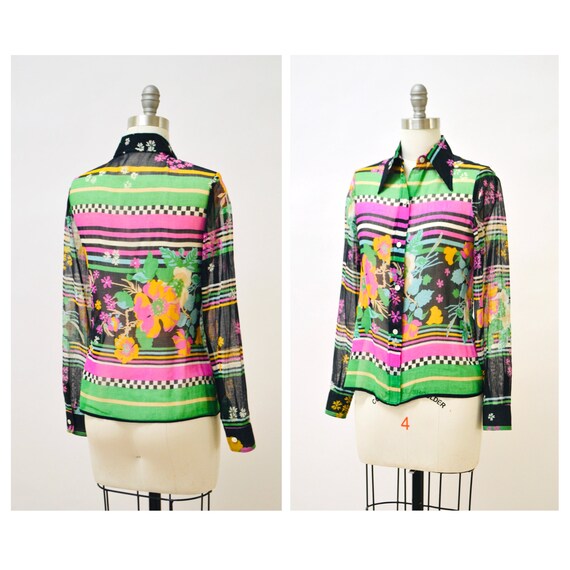 70s Vintage Floral Print Striped Shirt Organza Blouse Black