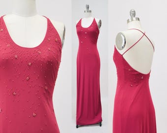 Vintage 00s Y2K Pink Tank Dress Prom Dress Beaded Pink Knit Gown Cami Dress XS Small Pink Long Beaded Dress by Laundry Evening Gown Xs Small