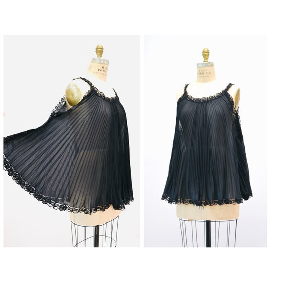 60s 70s Vintage Black Sheer Babydoll Pleated Nigh… - image 1