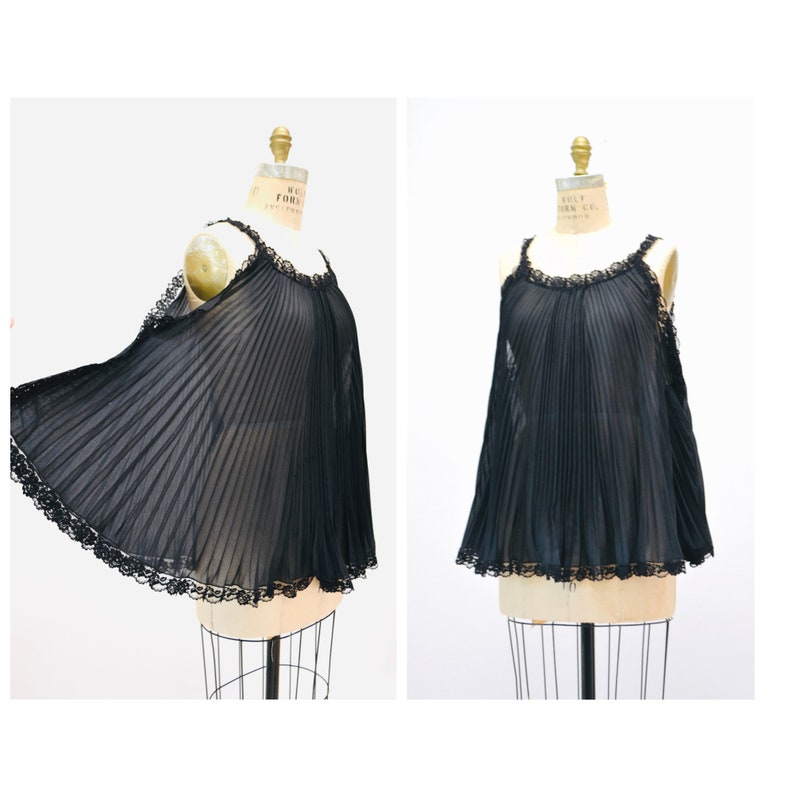 60s 70s Vintage Black Sheer Babydoll Pleated Nightgown Lingerie by Parisian Maid// Black Sheer Lingerie Night gown Black Honeymoon Maternity image 1