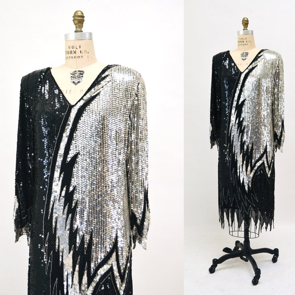 70 80s GLAM Vintage Black Metallic Silver Sequin Dress Art Deco Medium Large// Vintage Black Sequin Dress Flapper Disco Dress Lillie Rubin
