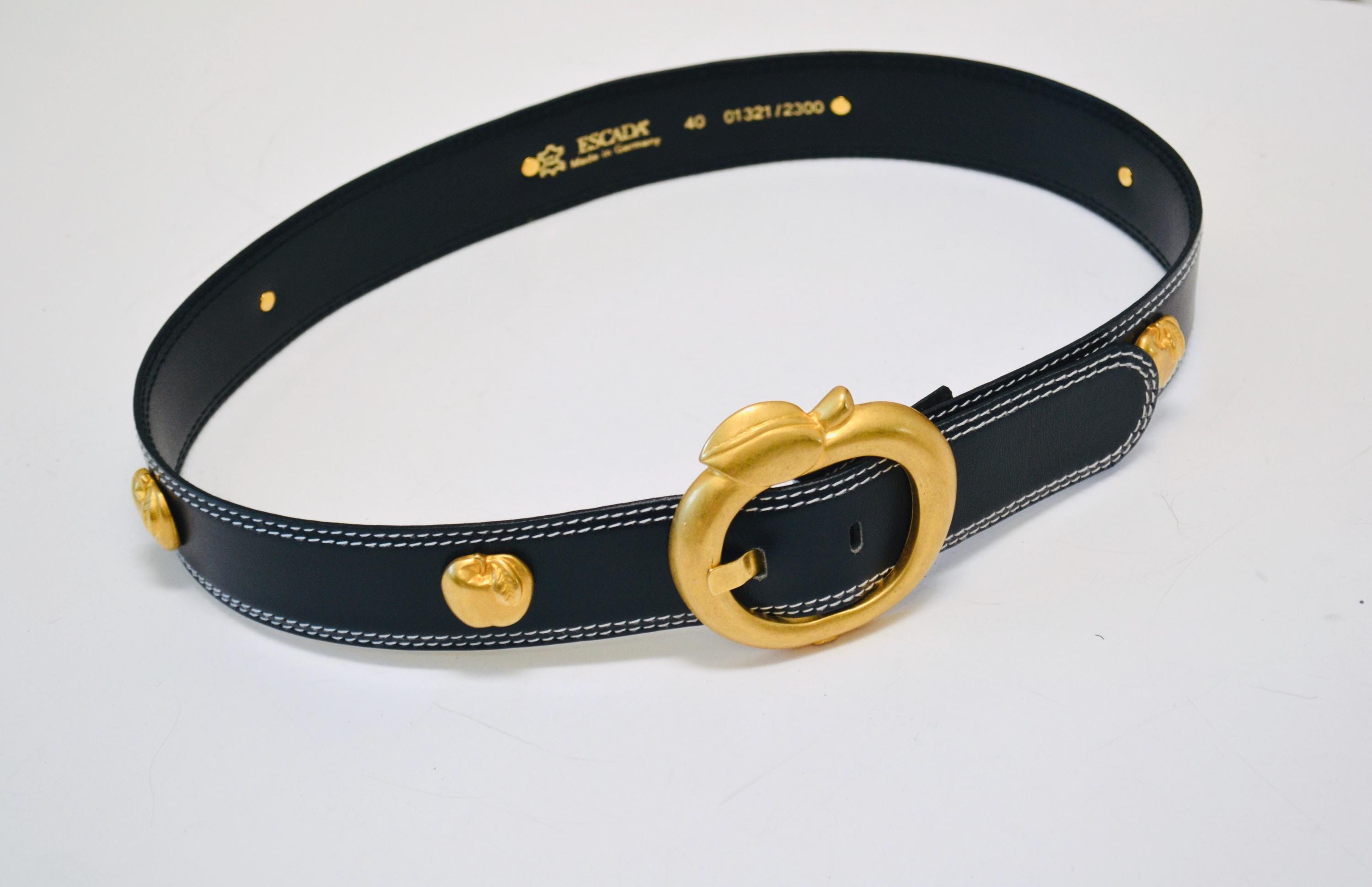 80s 90s Vintage ESCADA Apple Belt Gold Metallic Navy Blue  display picture 3