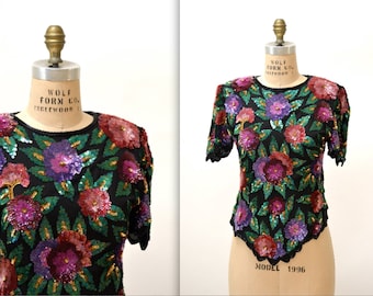Vintage Sequin Shirt Size Medium with Flowers Black and Pink// Vintage Sequin Beaded Top Size Medium by Laurence Kazar Flapper Inspired