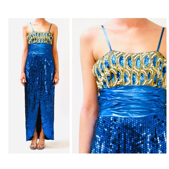 Vintage 80s Prom Dress Blue Sequin Metallic Gown … - image 1